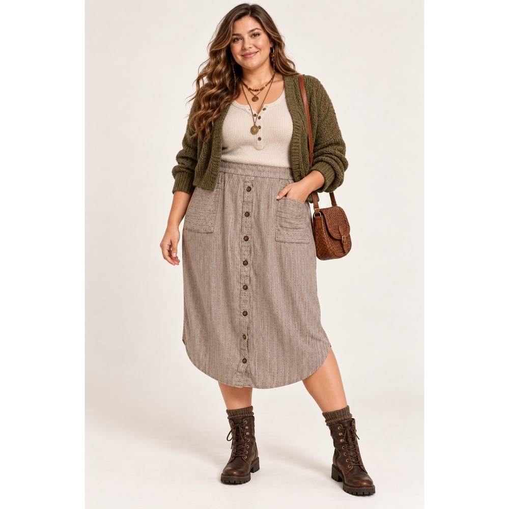 Maurices 18W Linen Blend Striped Button Front Midi Skirt Coastal Boho Neutral